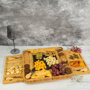 Bamboo Wood Cheese Serving Platter with in-built Double Drawer and 4 Cheese Tools Set